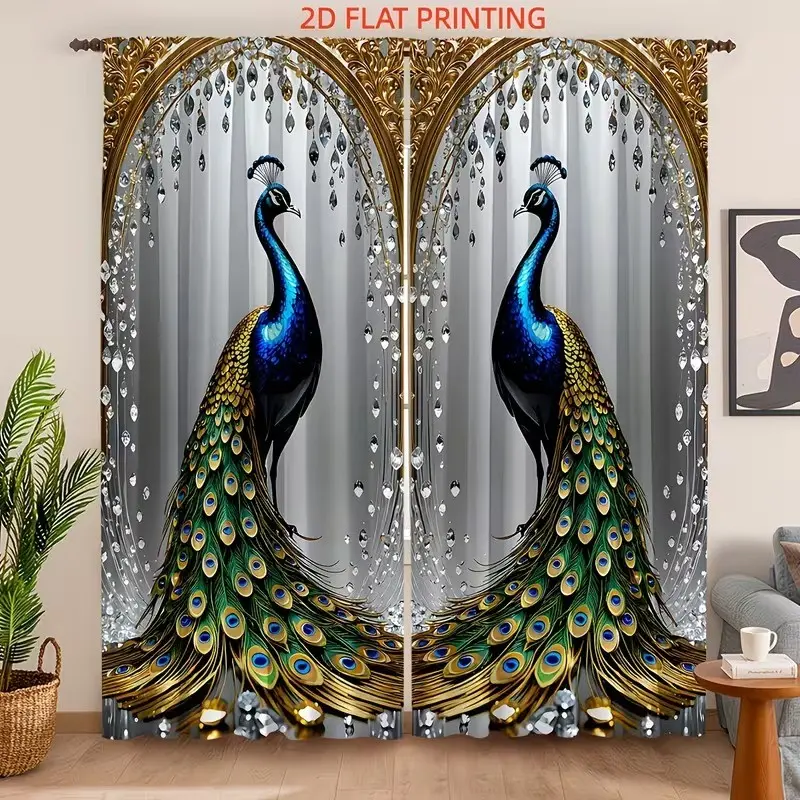 2-piece diamond photo frame, peacock printed semi-transparent curtains, pole bag curtains, suitable for living room, bedroom and home decoration. Hand washable, hookless. Home Decorative Curtain