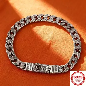 S925 Sterling Silver Full Engraved Cuban Link Bracelet, Retro Oxidized Silver Chain for Men & Women, Gothic Tribal Inspired Jewelry for Daily Wear & Layering