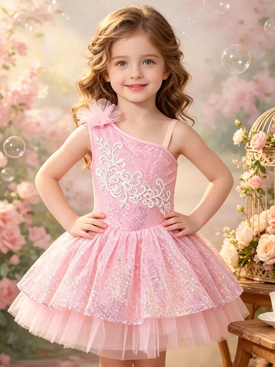 One Shoulder Fold Trim Girls Princess Dress Thin Strap Soft Loose Hem Kid Party Outfit For Toddler Little Girls Birthday Wedding Kid Gathering