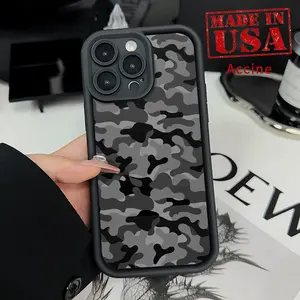 Phone Case for iPhone 16 Pro 15 14 Plus 16e 13 12 Mini 11 Promax X XS Max XR xsmax Gray Camouflage Art Straight Edge Upgraded Lens Protection Durable Bumper Cover for Boy