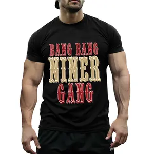 "Bang Bang Niner Gang" 49ers Football Polyester T-Shirt - Viral NFL Graphic Tee, Breathable Quick-Dry Crewneck, Durable Non-Cotton Fabric, Western Font Print for Fans & Game Day