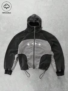 Unisex Snowflake Washed cotton Patchwork Hooded Sweatshirt, Graphic Hoodie, Fitted Casual Cotton Cardigan, Streetwear Style, Perfect Men's Gift, Trendy, Heavyweight Cotton Hoodie