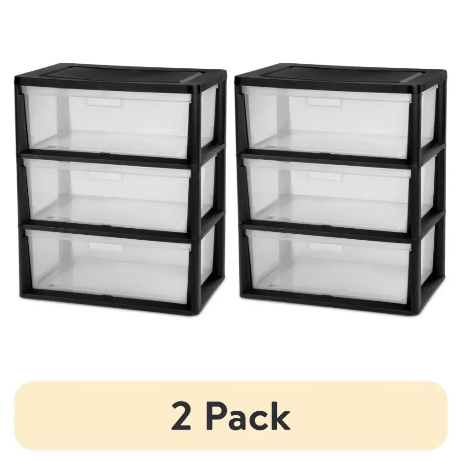 (2 pack) Sterilite Wide 3 Drawer Tower, Plastic Storage Organizer with Removable Clear Bins, Easy Assembly, No Tools Needed, Black