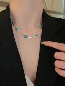 Turquoise Block Boho Necklace for Women, Fashionable Clavicle Chain, Perfect Gift for Mom, All Seasons Jewelry, Stainless Steel Material
