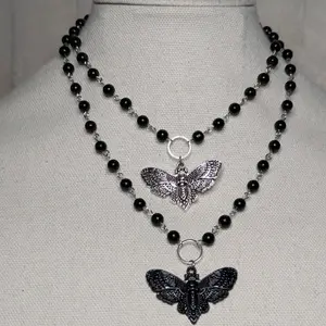 Rosary Style Choker Death Moth Silver Charm Beaded Necklace