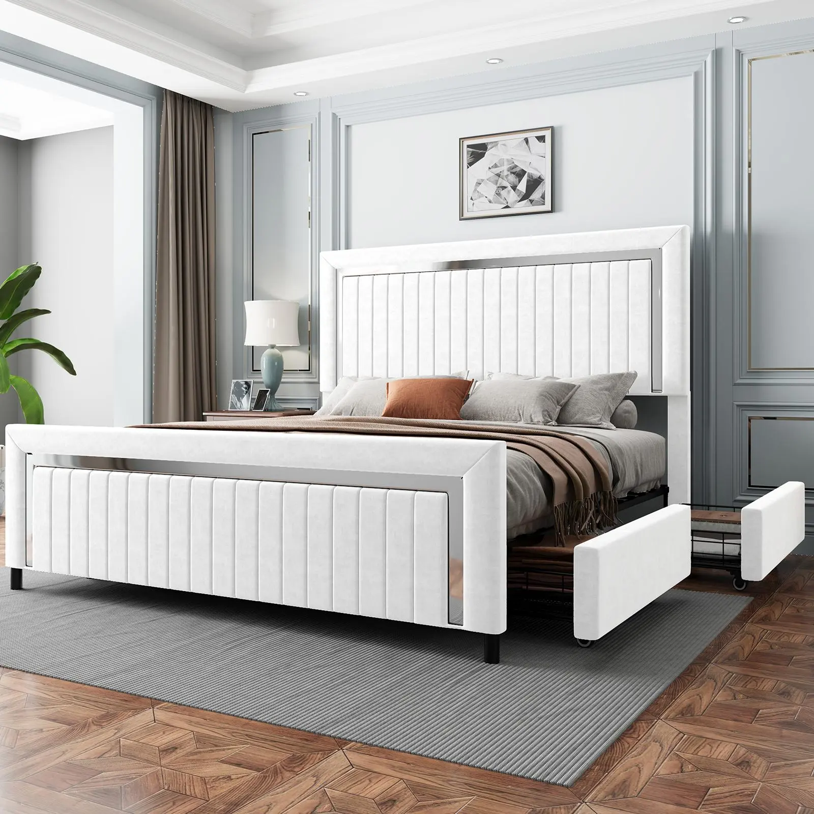 [SummerSale] AMERLIFE Modern Upholstered Platform Bed Frame with 4 Storage Drawers and LED Light, Adjustable Headboard with Vertical Channel, No Box Spring Needed/Christmas Gift/Best Gift Ideas