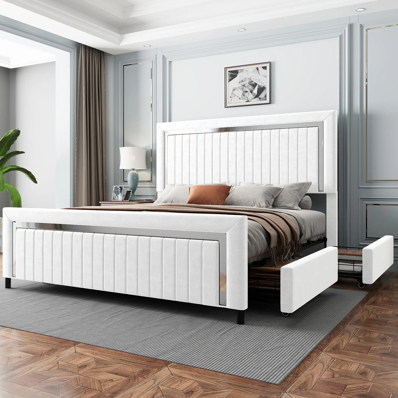 Amerlife Modern Upholstered Platform Bed Frame with 4 Storage Drawers and LED Light, Adjustable Headboard with Vertical Channel, No Box Spring Needed/