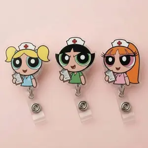 Powerpuff Nurse Girls Retractable Badge Reel - Cute Acrylic ID Name Tag Holder - Black Girl Cartoon Magic Badge Clip Accessory