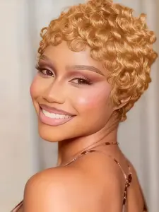 Layered Short Loose Curly Pixie Cut Human Hair Wig with Bangs, Full Machine-Made Basic No Lace Wig, Stylish & Comfortable Design, Machine Made Wigs