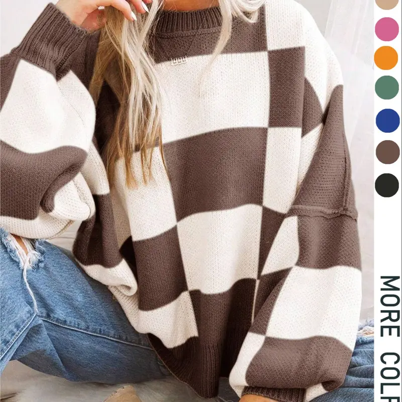 【Black Friday】Plus Size Plaid Drop-Shoulder Knitted Sweater, Casual Long-Sleeve Knitwear for Women, Loose-Fitting Round Neck Pullover for Fall & Winter