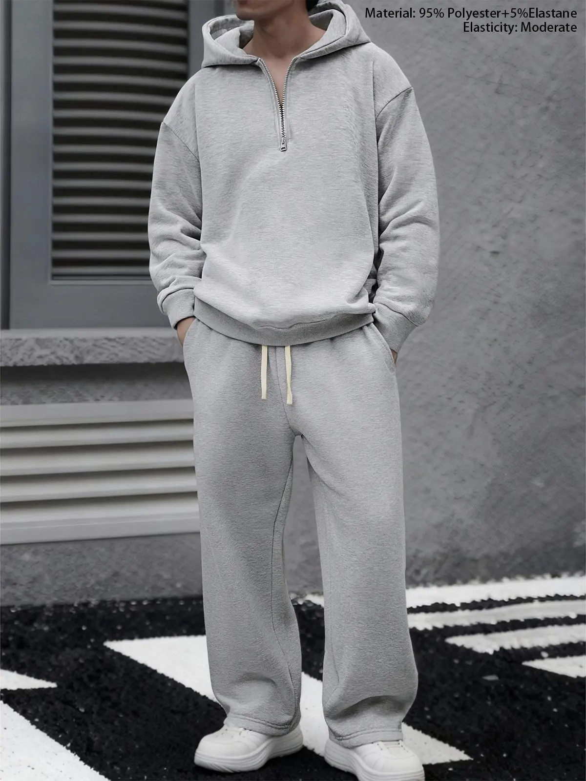 Men's 2-Piece Half-Zip Hoodie & Wide-Leg Sweatpants Tracksuit Set - Moderate Stretch, Relaxed Drop-Shoulder, Drawstring Loose Bottoms for Streetwear, Gym