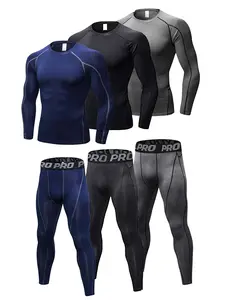 3 Pack Men's Letter Tape Compression Sport Set, Long Sleeve Round Neck Top & Leggings, 3 sets Casual Comfy Gym Underwear Set for Spring Fall & Winter springtok