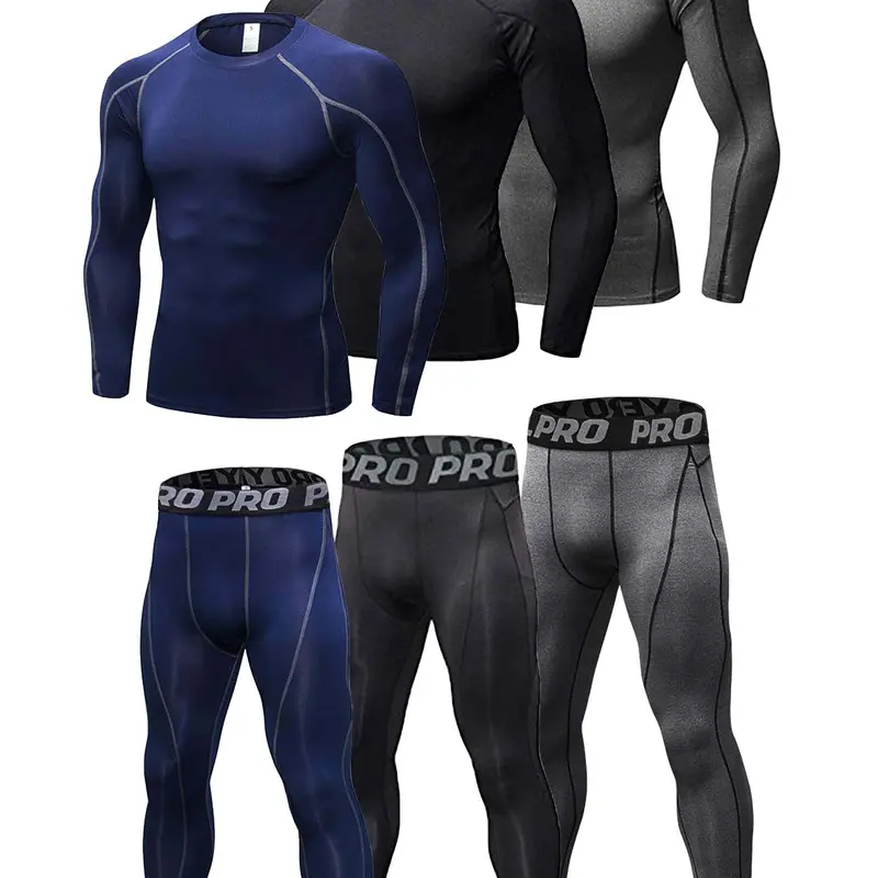 Men's 3-Pack Letter Tape B Compression Activewear Set - Long Sleeve Round Neck Top & Leggings, Tight-Fit Synthetic Activewear Clothing for Gym, Motorcycle, Military (Spring Fall)