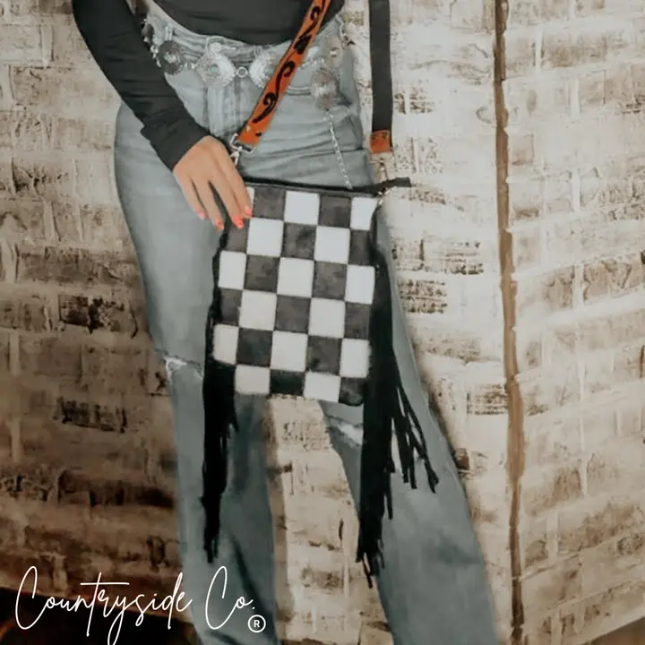 Stockyard Checkered Cowhide Fringe Purse
