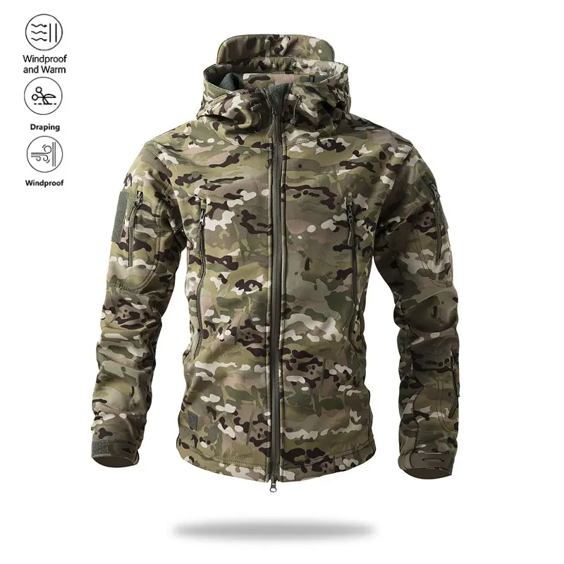 Men’s camouflage hooded softshell jacket with zipper and multiple pockets, workwear cut, windproof warm outerwear for outdoor hiking, camping, and everyday casual wear