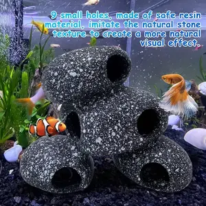 9-Hole Resin Aquarium Ornament - Natural Stone Texture Fish & Shrimp Hideaway, Safe ABS Material, Multi-Level Shelter for Tank Landscaping and Decoration, Aquarium Accessories