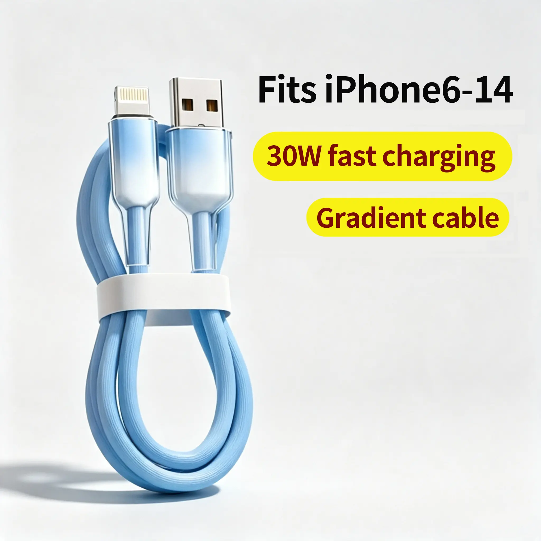 Bend-Proof USB-A to Lightning Cable,30W Fast Charging cable,Compatible with iPhone 6-14 plus pro max,Transparent Gradient cable,data transfer cord,2M Extra Long for home,Heat Resistant Durable Data Transfer Charging Cord,