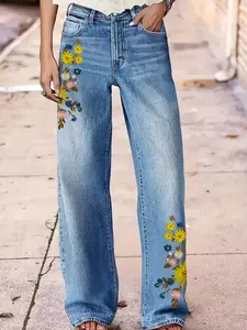 Plus Size Women's High Waisted Straight Leg Pants, Floral Embroidered Jeans, Fashionable Loose Casual Jeans