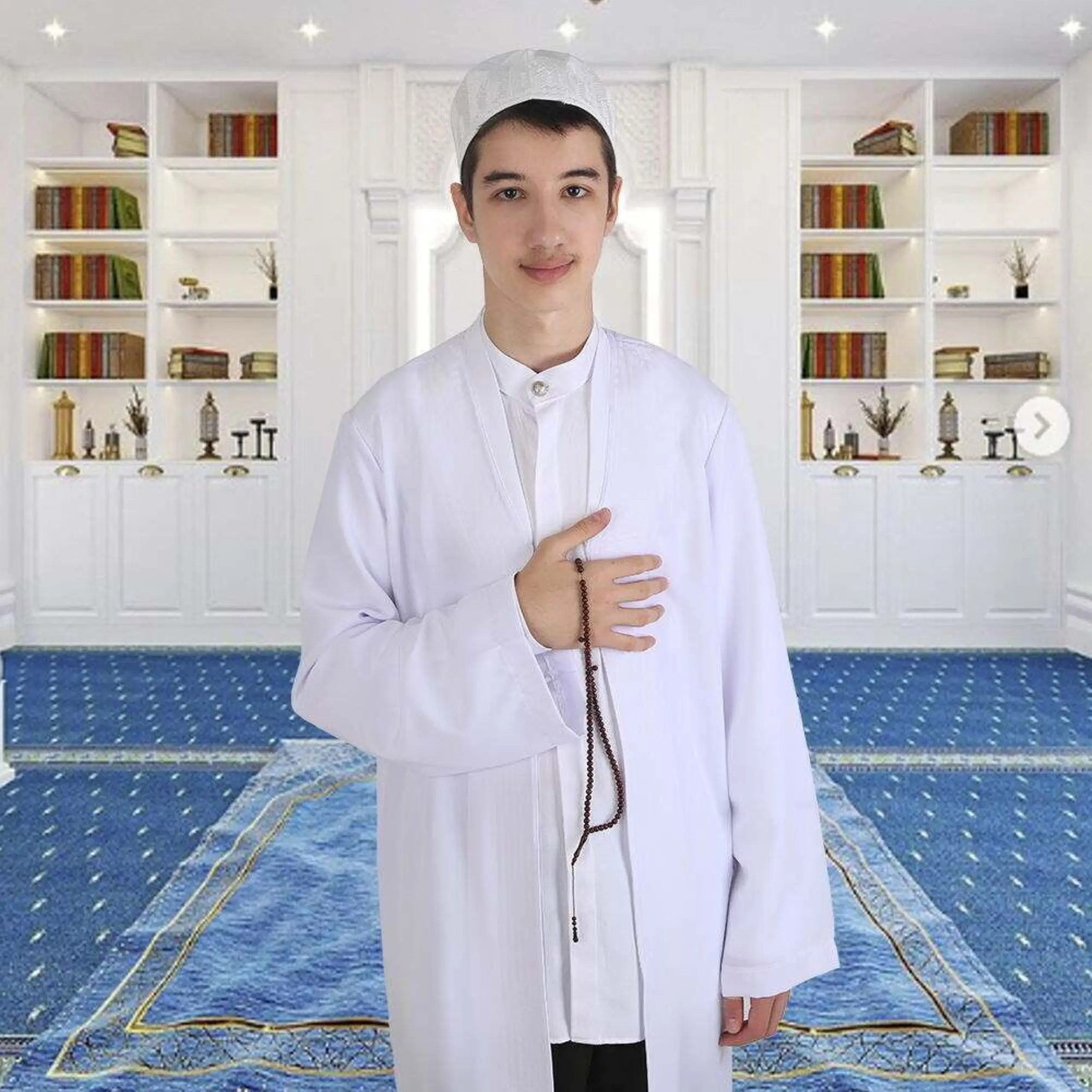 Boys' Soft Hooded Jubba Thobe with Buhara Collar, Cotton-Polyester Blend with Traditional Embroidery, Lightweight & Wrinkle-Resistant for Eid & Daily Use, S, Long Sleeve, Eid Outfits, Cotton Blend, All Seasons, Collared Neck