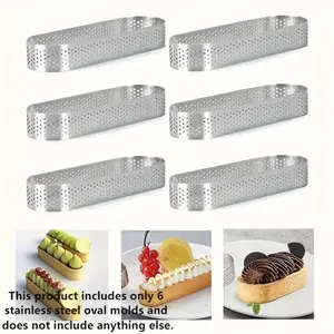 6 Pcs Stainless Steel Oval Tart Ring, Perforated Tart Ring, French Fruit Tart Ring, Perforated Cake Ring, French Baking Cake Mold. Oval Shaped Ring with Air Vents, Ideal for Pies, Cakes, Mousse & Desserts. DIY Baking Tool & Kitchen Gadget.