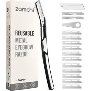 ZOMCHI Eyebrow Razor and Face Razor for Women and Men, Reusable Metal Handle with 11 Refill Blades, Dermaplane Razor with Protective Silicone Cap, Eyebrow Hair Trimmer - Polished Silver