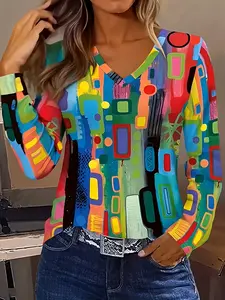 【Plus Size】Women's Geometric Abstract Print Long Sleeve Top, Loose Fit Casual Daily Wear, Comfortable Stylish Fashion Piece for All Seasons