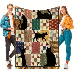 Retro design comfortable flannel blanket, Figure Print Blanket, featuring cat patterns on both sides, suitable for all seasons, multi-functional sofa and TV blanket, the perfect gift for your loved one