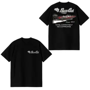 Bass Cat Boats T-Shirt, Black Performance Tee with Speed Boat Graphic and "Total Commitment" Slogan, High Performance Fishing Shirt for Pro Anglers & Boat Fans