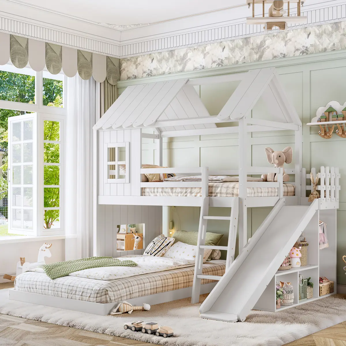 Bellemave Twin-over-Full House Bunk Bed - Playhouse Design with Ladder, Slide, Storage Shelves and Wardrobe