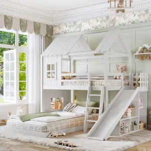 Bellemave  Twin over Full House Bunk Bed with Ladders and Slides, House Floor Bunk Bed with Storage Shelves and Wardrobe, Playhouse Design,