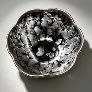 Flower-Shaped Silver Oil Spot Jianzhan Teacup Handcrafted Chinese Tenmoku Tea Bowl