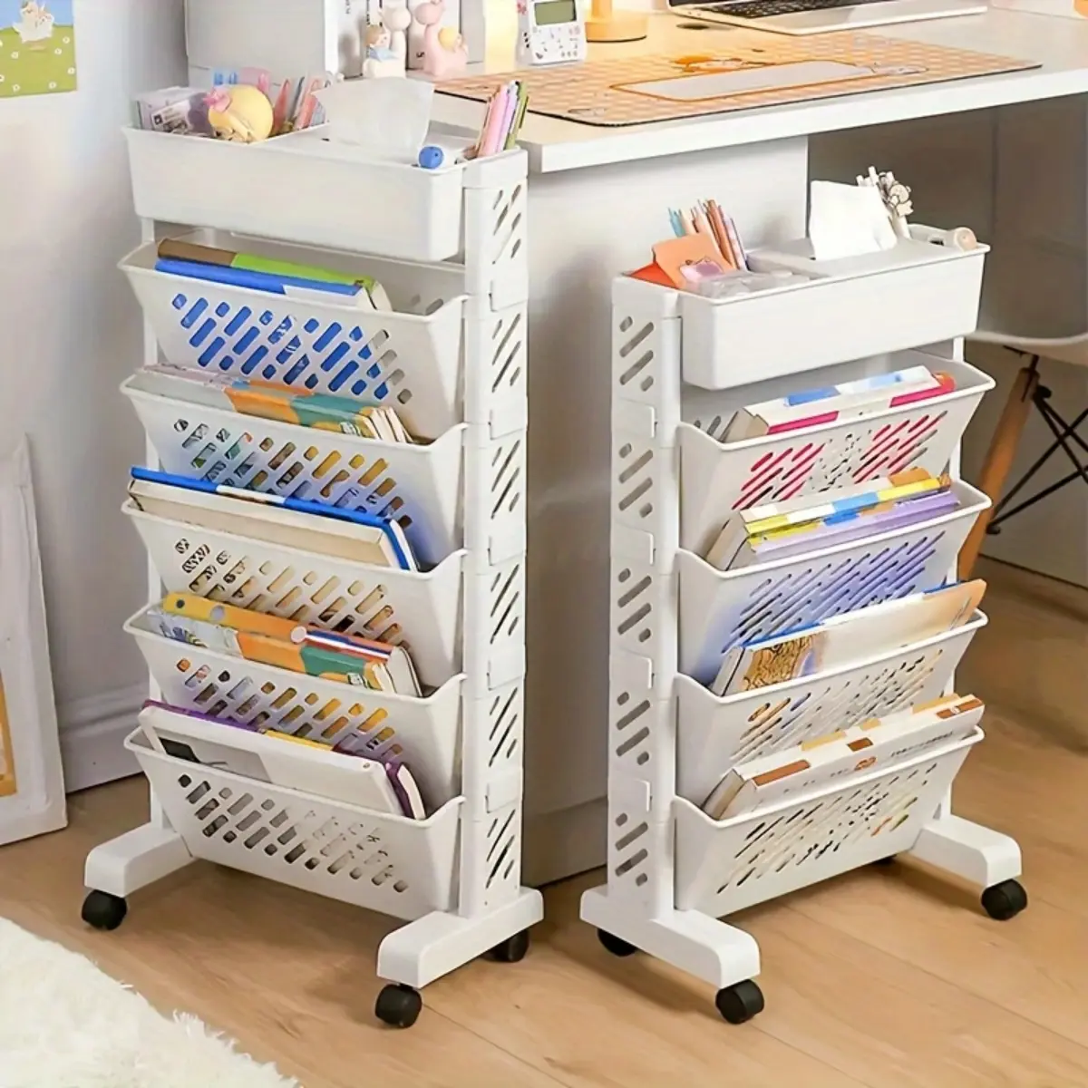 Mobile Bookshelf on Wheels, Movable Rolling Book Shelf 6 Tier Slim Storage Trolley Slide Out Storage Tower Rolling Utility Cart Storage Rack, for Office Bedroom Bathroom Living