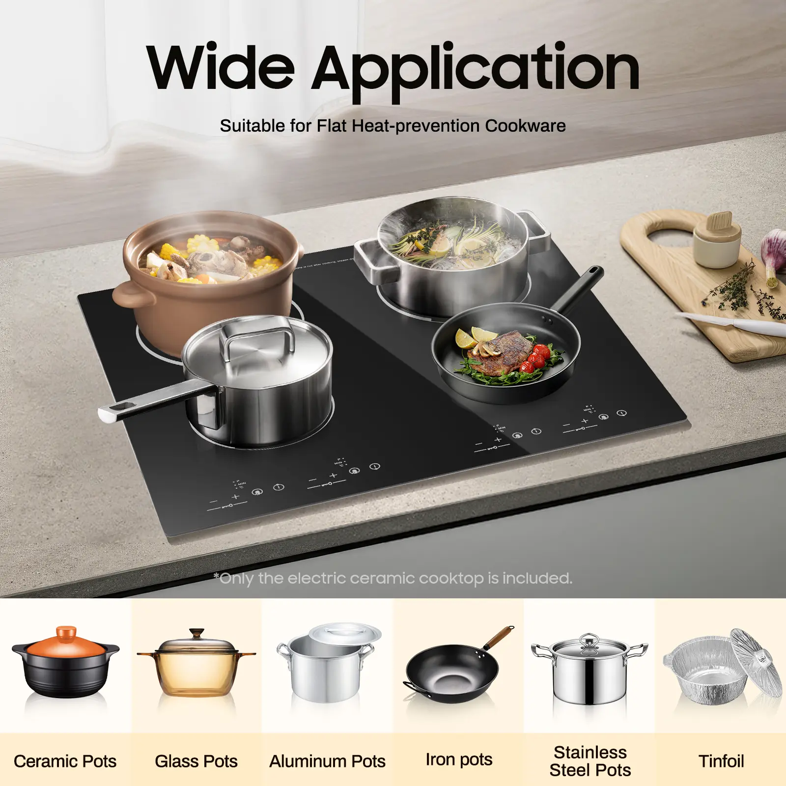 CNCEST 4-Burner Electric Ceramic Hob Stove - 3000W & Above Household Appliances, Touch Control, 9 Power Levels, Timer, Safety Lock, LED Screen, 60*54cm/23.62*21.26in Fit for Aluminum Pots, 3000 W & Above