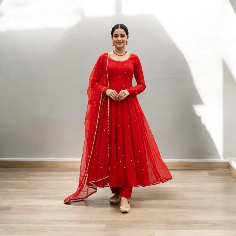 Women's Red Anarkali Gown Dress, Ideal for Festival Season Celebrations Long Sleeve Womenswear