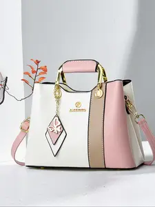 National Day Offers Women's Fashion Colorblock Patchwork Handbag, Casual Large Capacity Zipper Shoulder Bag with Butterfly Charm, Trendy Versatile High-quality Daily Commuting Bag, Fashionable Handbag