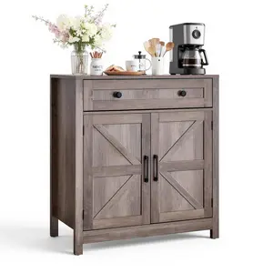 VEVOR Farmhouse Coffee Bar Cabinet Cupboard - Table with Drawer, Buffet Stand with 2 Barn Doors, Sideboard Station for Living Room, Kitchen, 29.5x14.7x31.5in, Grey