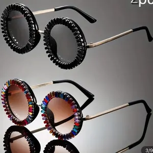 Circle Frame sunglasses Heavy Steal Rhinestones in Rainbow and Black - Unique Design with Colorful Accents Polarized Lightweight