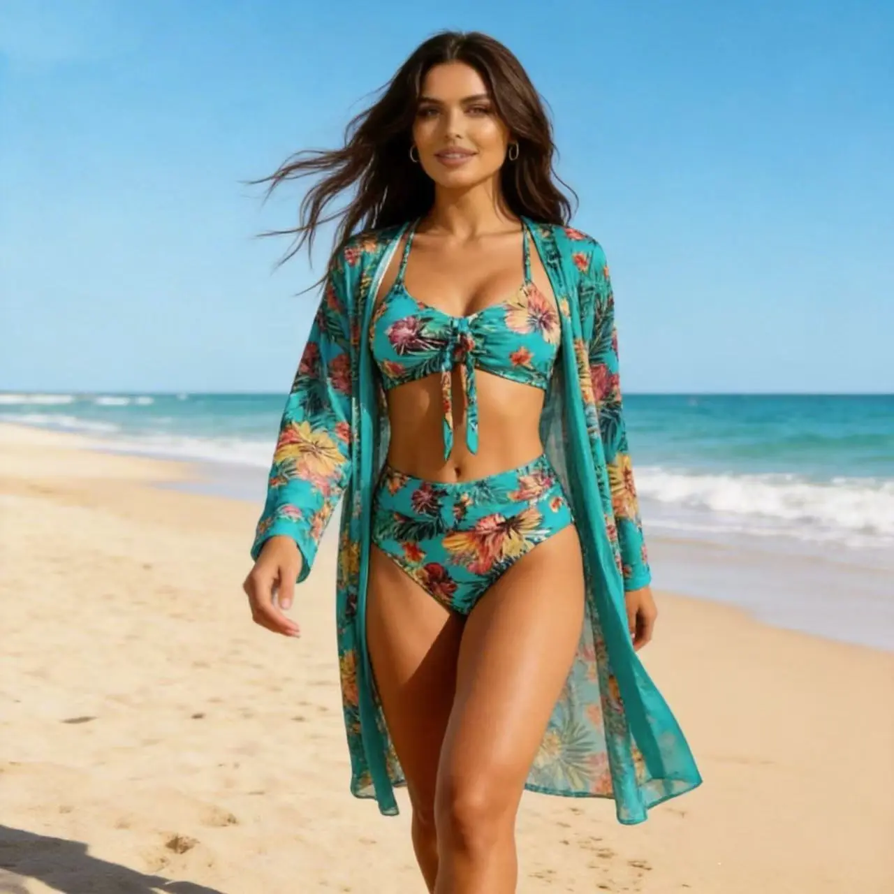 TRESCA Women's Tropical Floral Print 3 Piece Bikini Set High Waisted Bathing Suit with Sheer Kimono Cover Up for Beach Vacation
