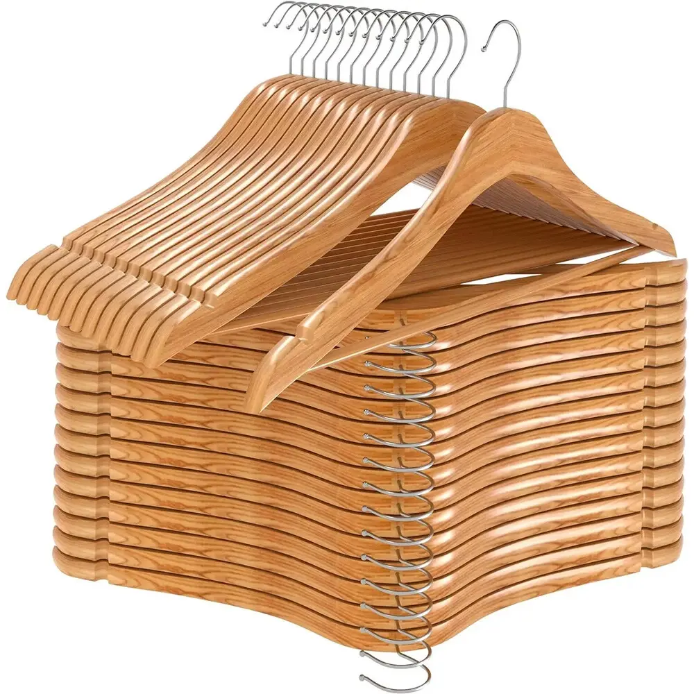 Wooden Coat Hangers Set, 10-20-30pcs Multiple Packs, Sturdy Natural Wood Non Slip Shoulder Grooves & Notches, 360-Degree Rotating Chrome Hooks for Wardrobe Suits, Shirts, Pants, Smooth, Hanger Pack