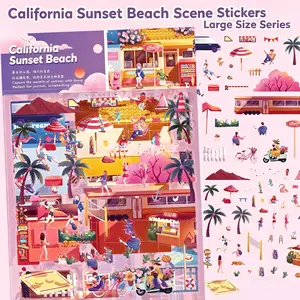 4pcs California Beach Twilight Landscape Transparent PET Material Graffiti Stickers, Suitable for Suitcases, Phone Cases, Laptops, Helmets, Skateboards, Waterproof Decorative DIY Creative Stickers
