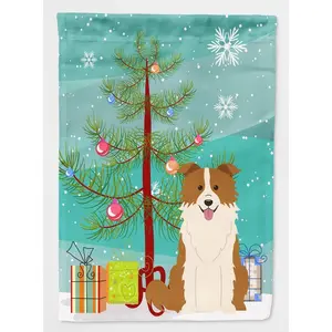 Carolines Treasures  Merry Christmas Tree Border Collie Red & White Flag Canvas House Size