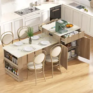 SAVEYOUR Hot 82.6" Natural Fluted Kitchen Island, Extendable Dining Table Seats 4-6, Built-in Power Outlet, Double-Side Storage with 2 Drawers & Side Open Shelves for Kitchen Dining Room
