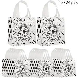 12/24Pcs Soccer Party Gift Bags, Soccer Pattern Gift Bag with Handle, Paper Treat Candy Goodie Bags for Soccer-Themed Party Games Sports Day Birthday Decorations Supplies, Soccer Party Supply