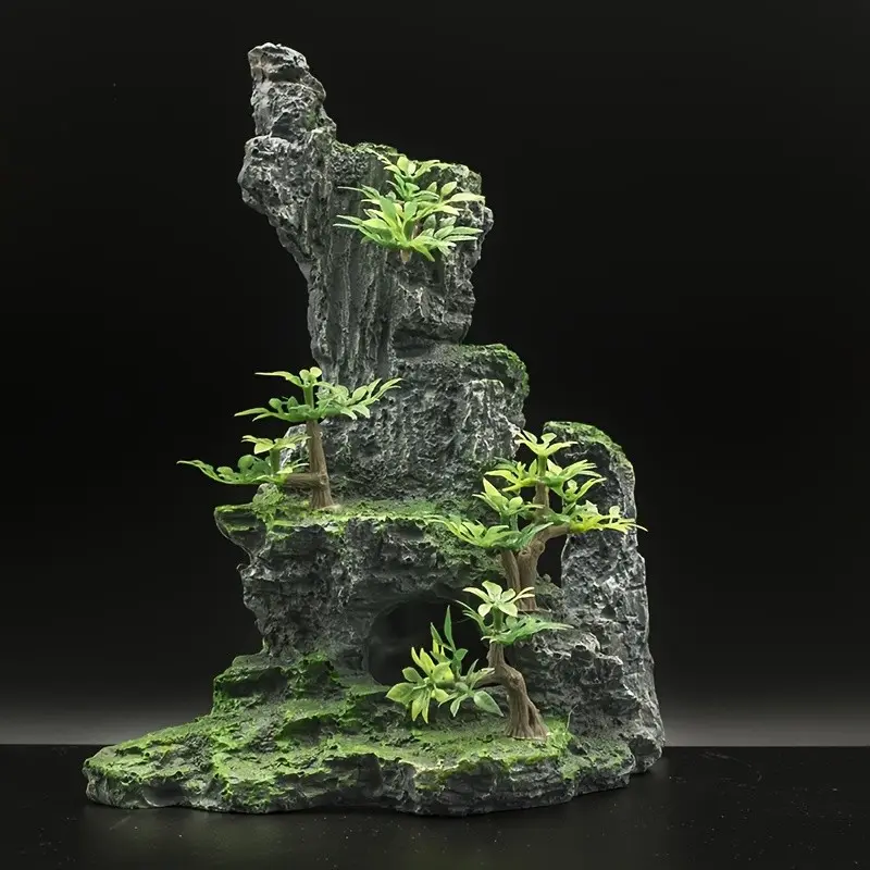 Large Landscape Fish Tank Decoration Set, Realistic Mountain Tree House Cave Bridge Decor, Aquarium Scene Setter, Aquarium Building Set, Fish Decorations For Tank