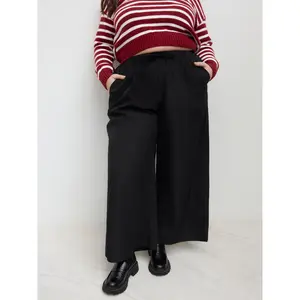 Cider [2 colors, size 0-24] Cotton-blend Mid Rise Solid Elastic Waist Pocket Wide Leg Trousers Curve & Plus