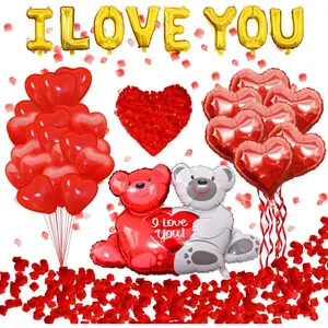 1041 count I Love You Balloons Kit with Giant Love-Bear & 1000 count Silk Rose Petals, Romantic Heart Balloon Set for Anniversary Proposal Birthday Bride Shower Hotel Room Decor for Couples