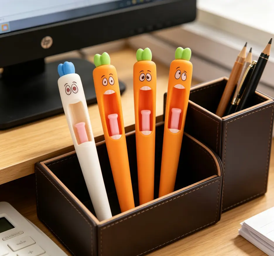 4Pcs Funny Carrot Desk Stationery Pens - Smooth Writing, Comfortable Grip, Black Ink - School Office Supplies for Students, Teachers, Cartoon Carrots