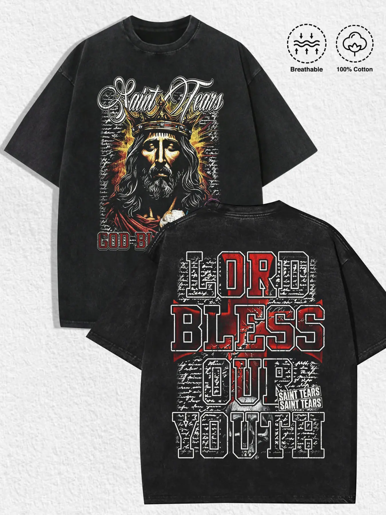 1 PCS Unisex Men Women 100% Breathable Cotton Vintage Washed Short Sleeve T‑Shirt Double‑Sided Saint Jesus Portrait Lord Bless Our Youth Faith Graphic Print Oversized Loose‑Fit Retro Goth Streetwear Casual Daily‑Wear Tops