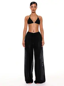 Womens Sheer Mesh Wide Leg Beach Cover Up Pants Low Rise Drawstring Vacation Resort Swimwear Multiple Colors