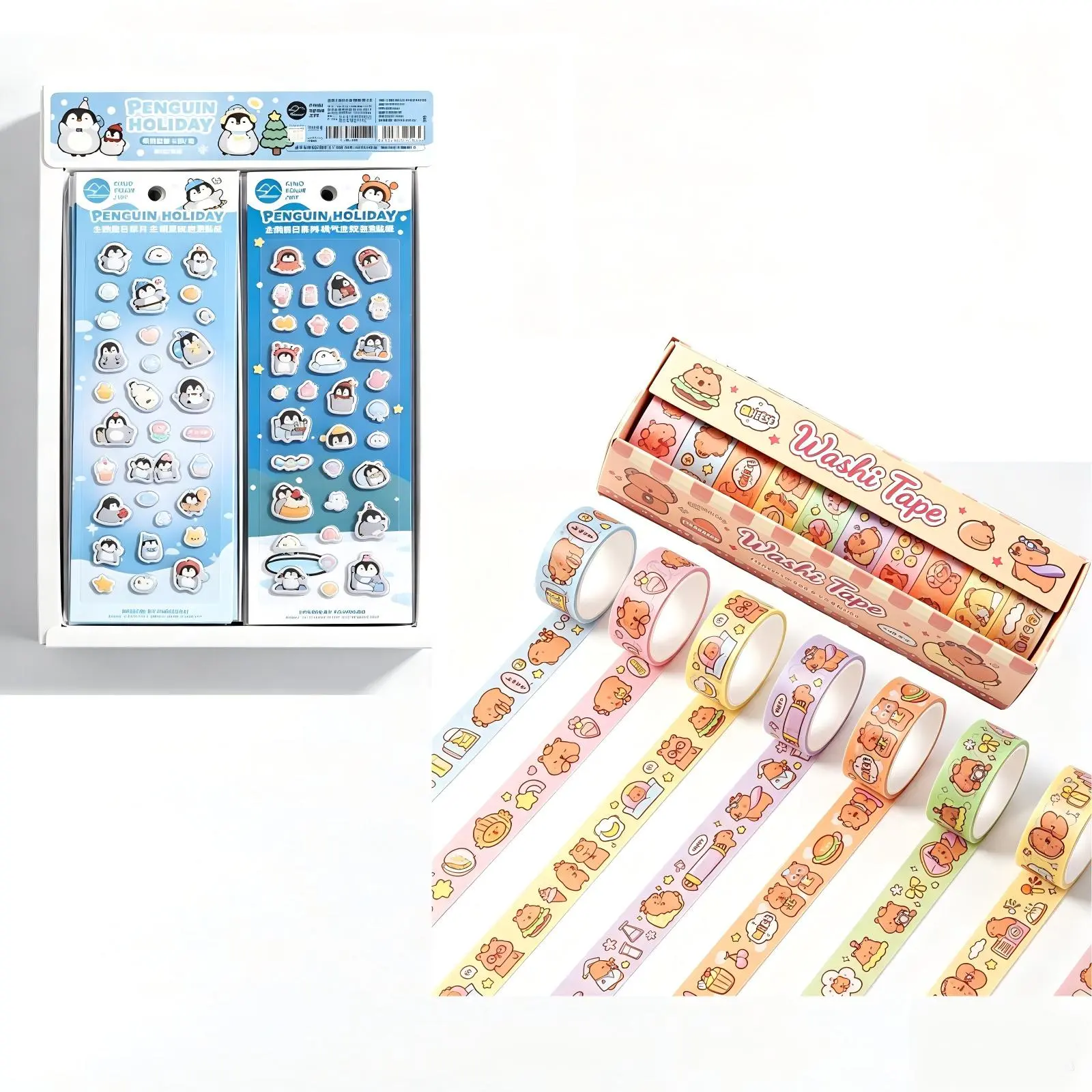 2Sets Kawaii Cartoon Stationery Set, Penguin Puffy Stickers & Capybara Washi Tape Collection, Cute Decorative Masking Tape & Adhesive Stickers for Journal Scrapbook DIY Crafts, Aesthetic Stationery Gift for Teens Girls Kids